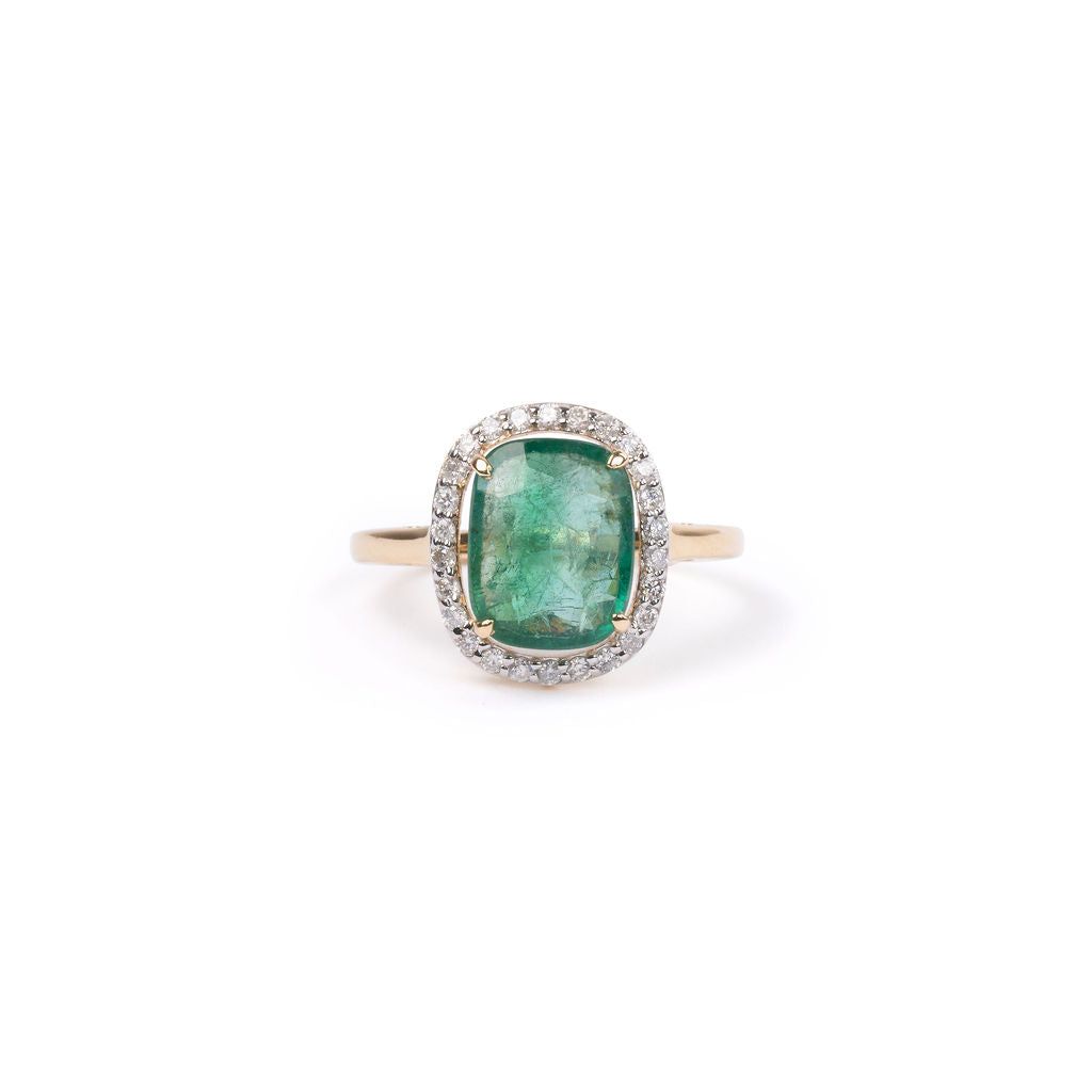 Anillo Esmeralda Rectangular Cushion con Halo Diamantes Ovalado