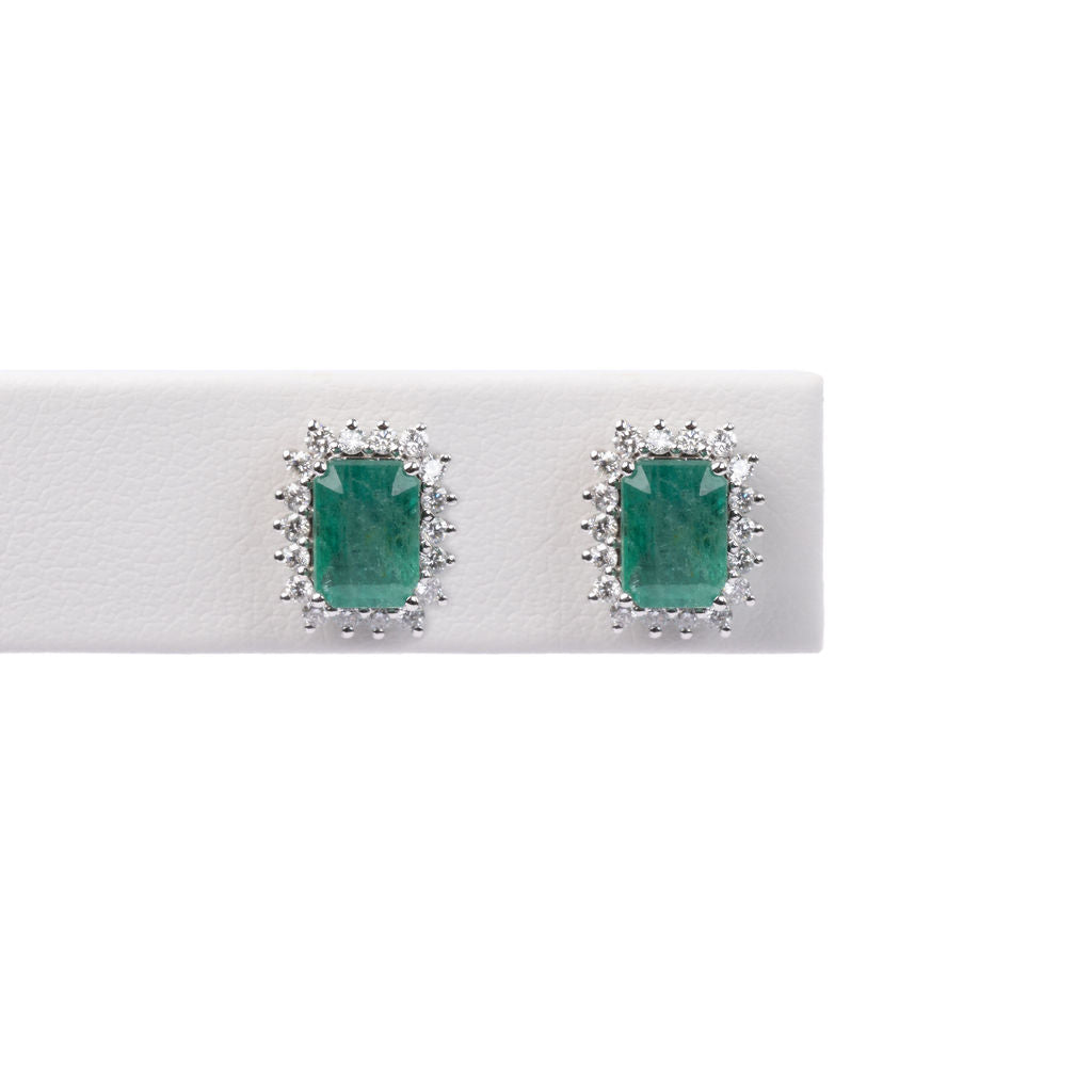 Aretes Esmeralda Rectangular Halo Diamantes