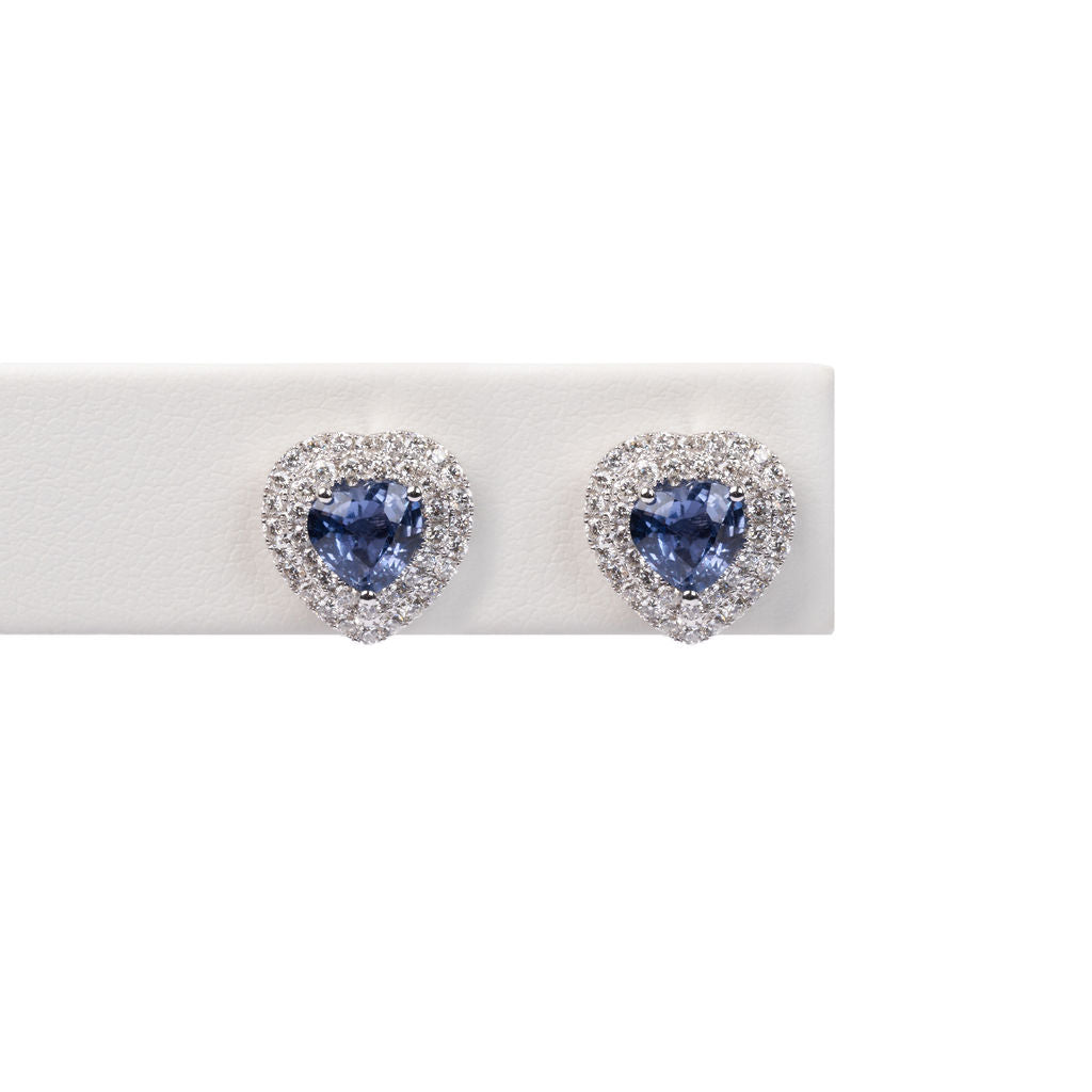 Aretes Zafiro Azul Corazón y Diamantes Doble Halo