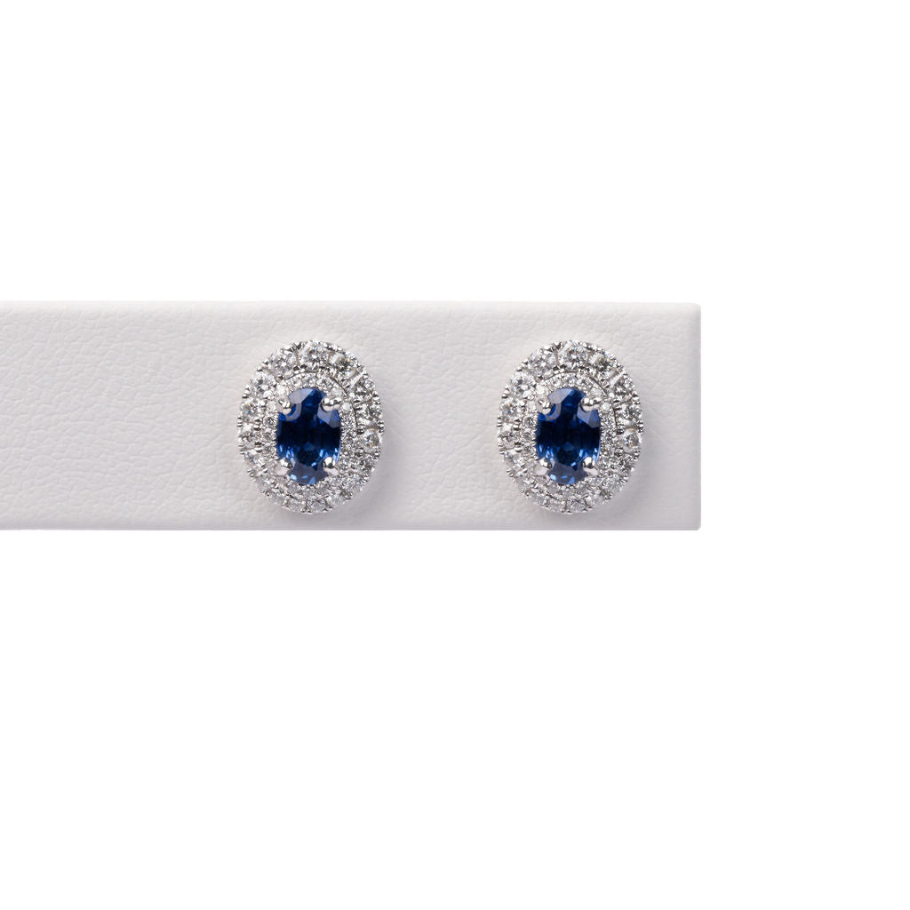 Aretes Zafiro Azul con Diamantes Doble Halo