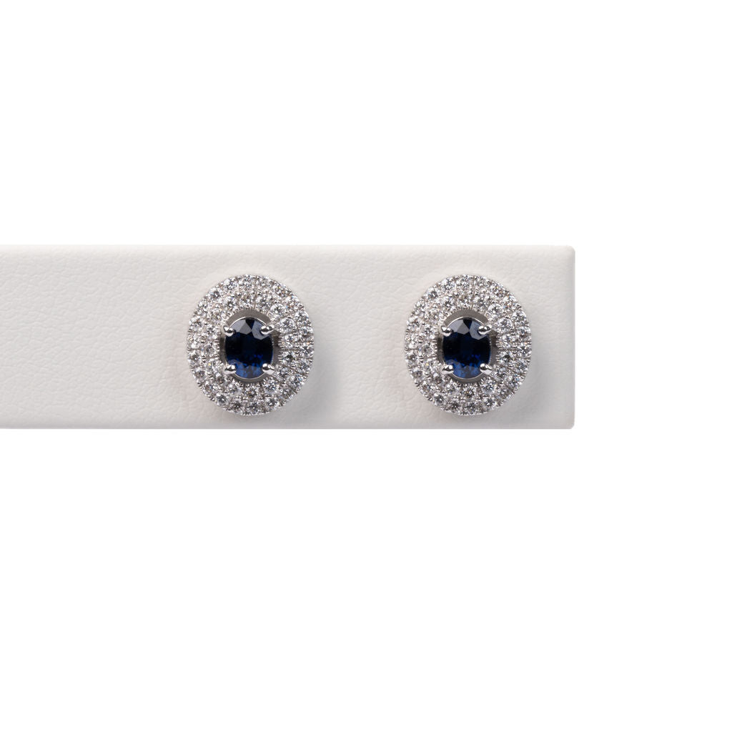 Aretes Zafiro Azul y Diamantes Doble Halo
