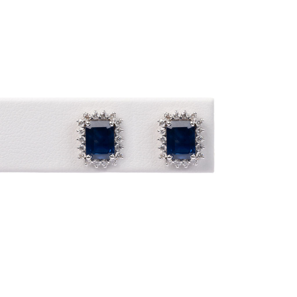 Aretes Zafiro Azul Rectangular y Diamantes