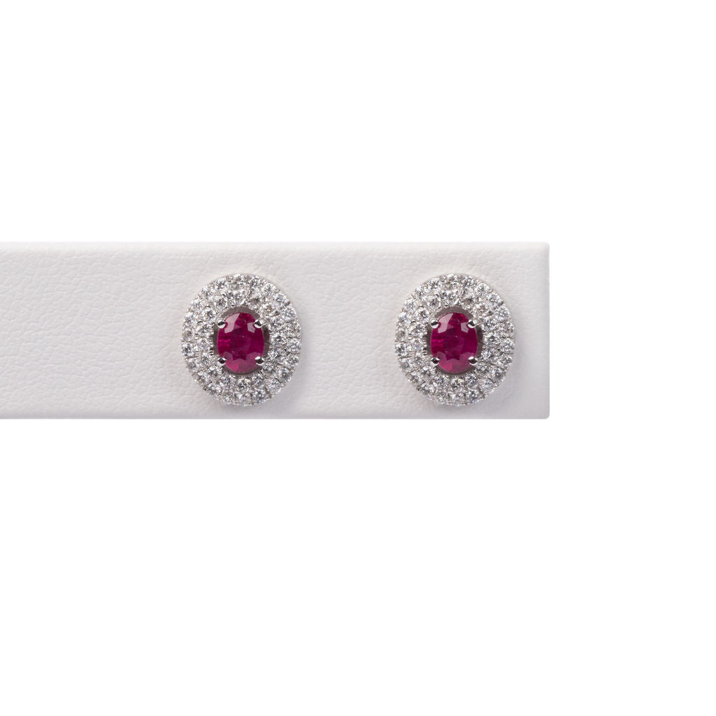 Aretes Rubi Ovalado y Diamantes Doble Halo