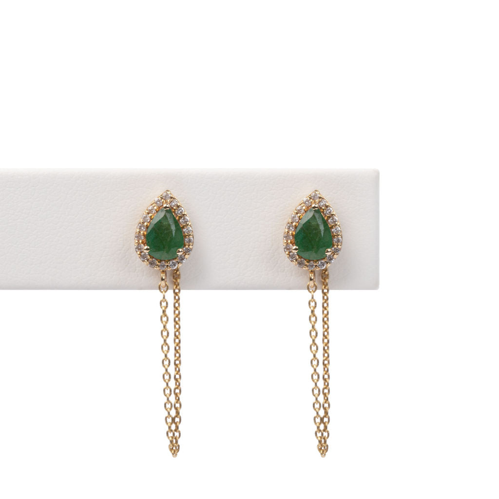 Aretes Esmeralda Gota y Diamantes con Cadena