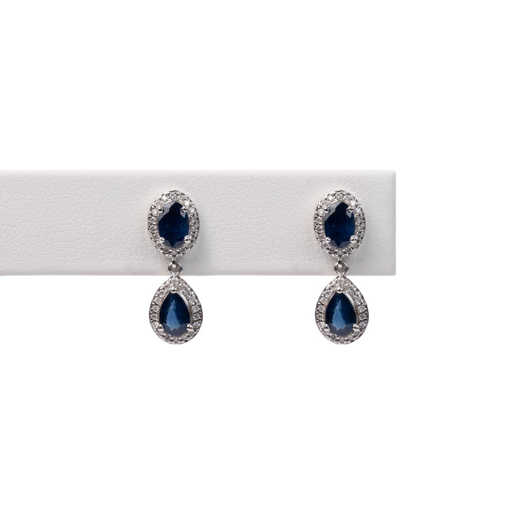 Aretes Zafiro Azul y Diamantes Gota