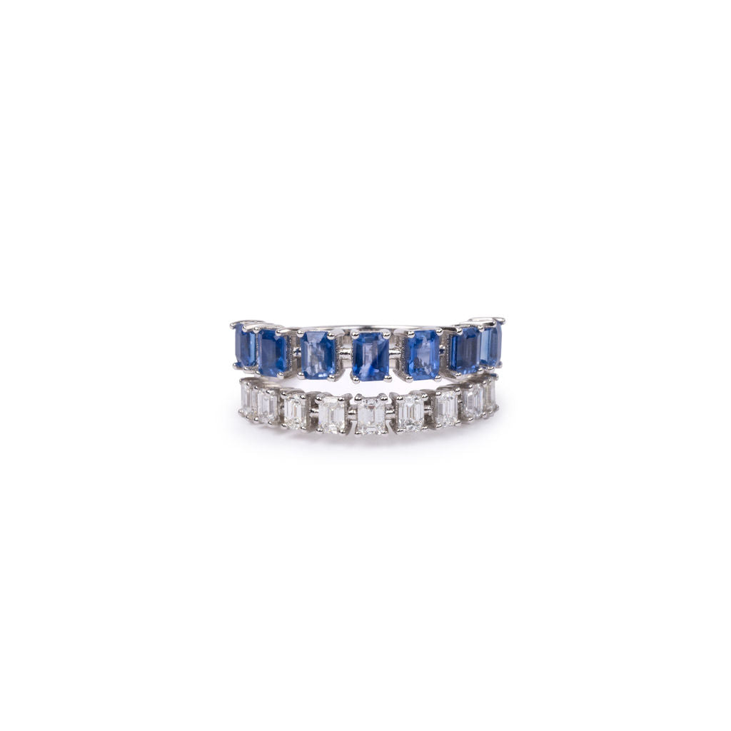 Anillo Zafiro Azul y Diamantes Doble