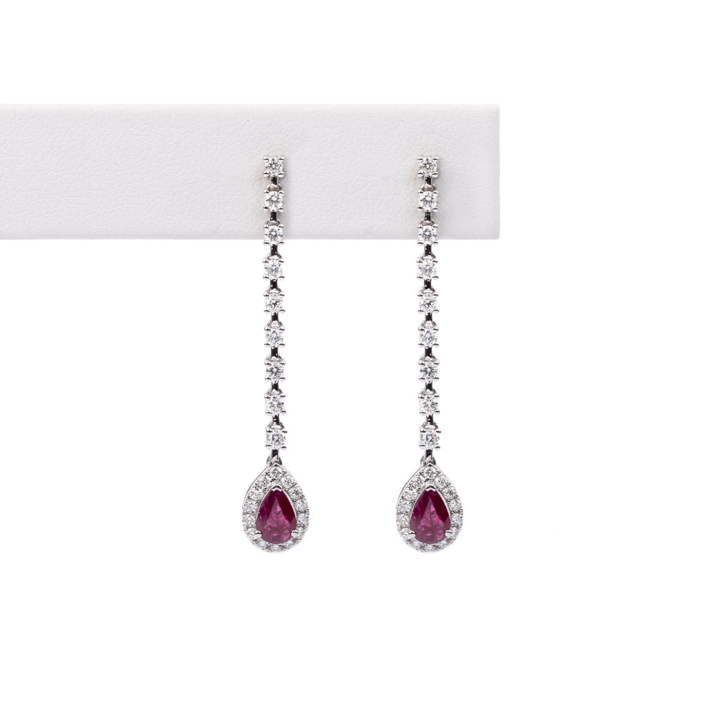 Aretes Rubi y Diamantes Gota Largo